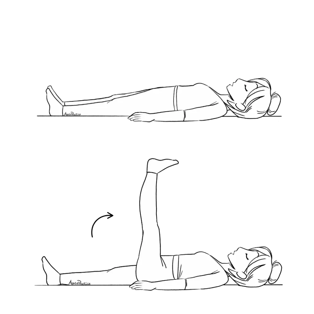 Illustration of Helen laying down with feet flexed, 1 leg 90 degrees up, other on floor "O" mouth
