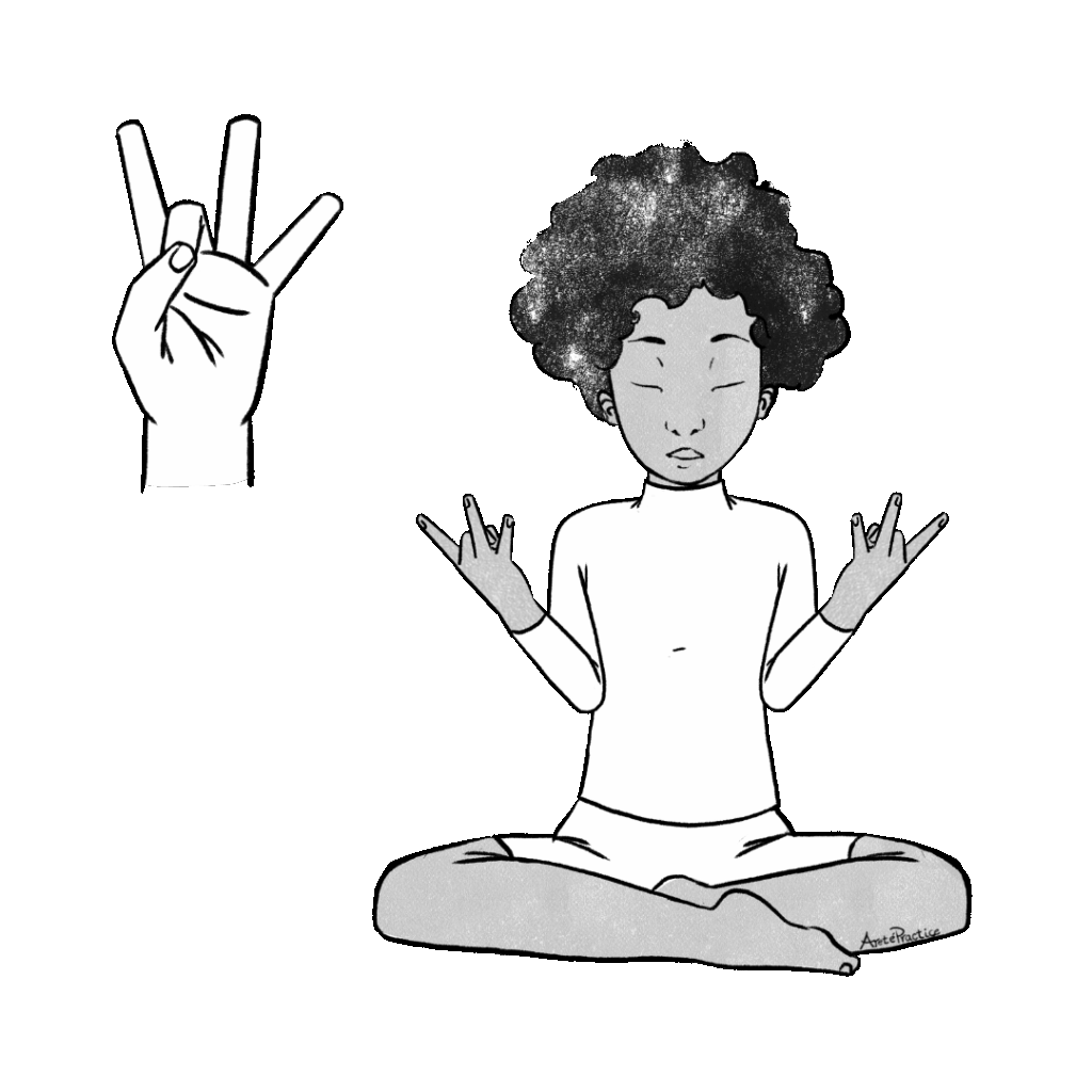 Ilustración de Elaine sentada en pose relajada y moviendo el dedo medio.