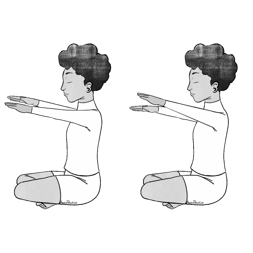 Ilustración de Elaine sentada en pose fácil con los brazos en una V amplia, aproximadamente 15 grados por encima del nivel de los hombros y las manos planas y hacia abajo.