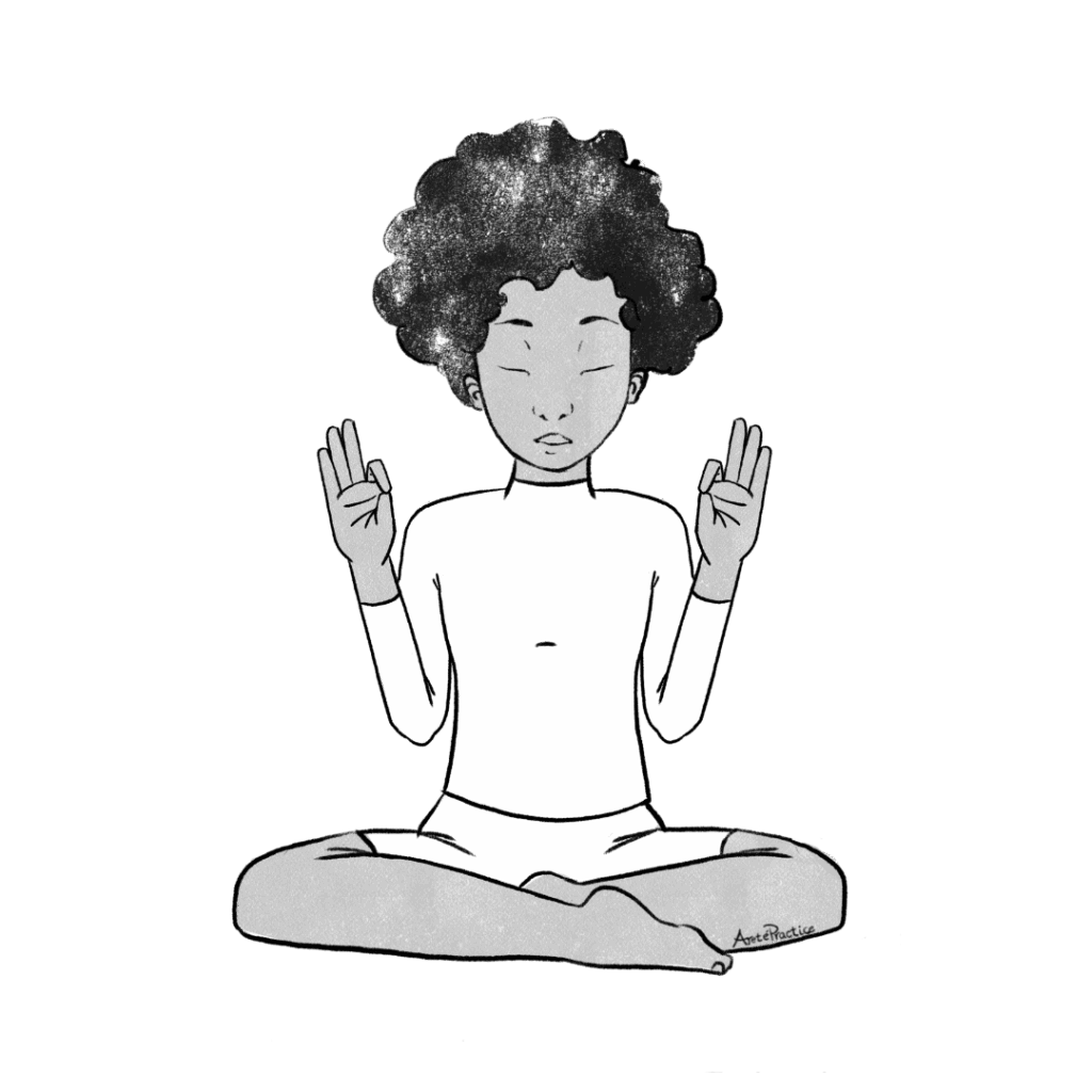 Ilustración de Elain sentada en postura fácil, en Gian Mudra, con las palmas hacia adelante a la altura de los hombros.