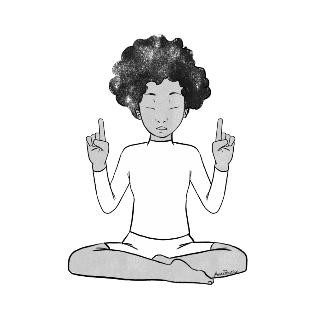 Ilustração de Elaine sentada em pose fácil com mudra de agulha na altura dos ombros