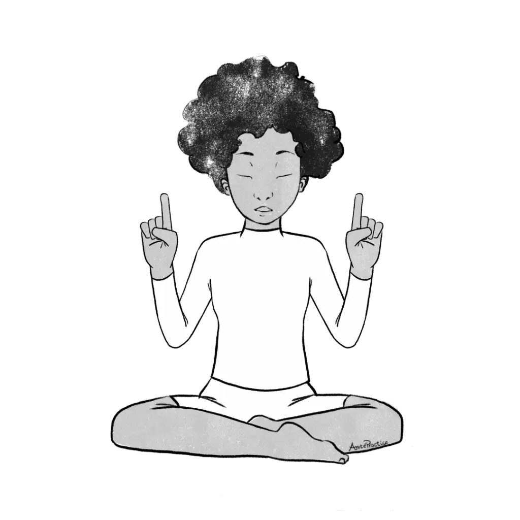 Illustration d'Elaine assise dans une posture décontractée, le mudra de l'aiguille au niveau des épaules.