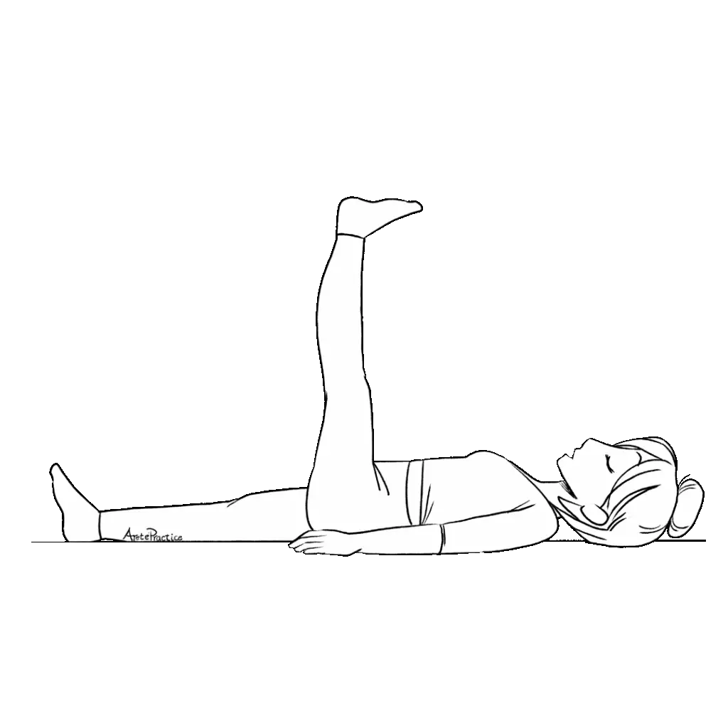 Ilustración de Helen acostada, con los pies flexionados, una pierna en un ángulo de 90 grados hacia arriba y la otra pierna en el suelo con la boca en forma de “O”.