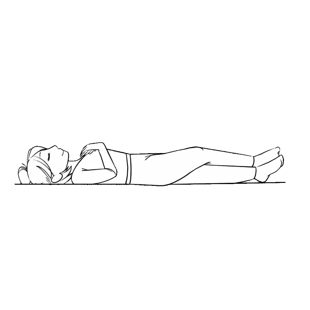 Illustration of Helen laying down, facing up with feet crossed and hands at heart center