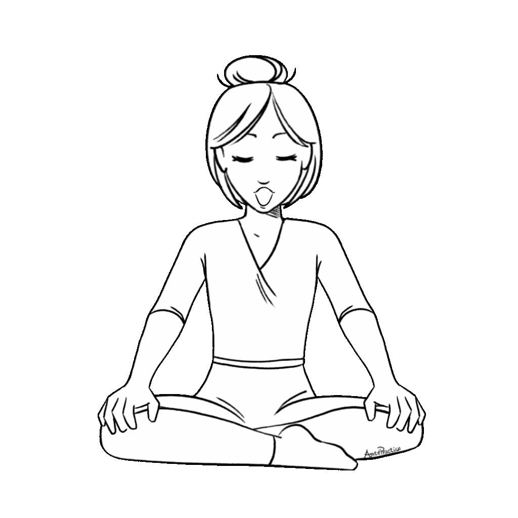 Ilustração de Helen sentada em pose fácil com as mãos nos joelhos e a boca aberta