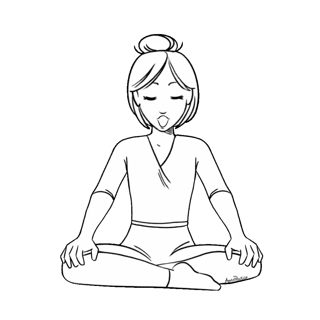 Illustration of Helen sitting in easy pose with hands on knees and mouth open