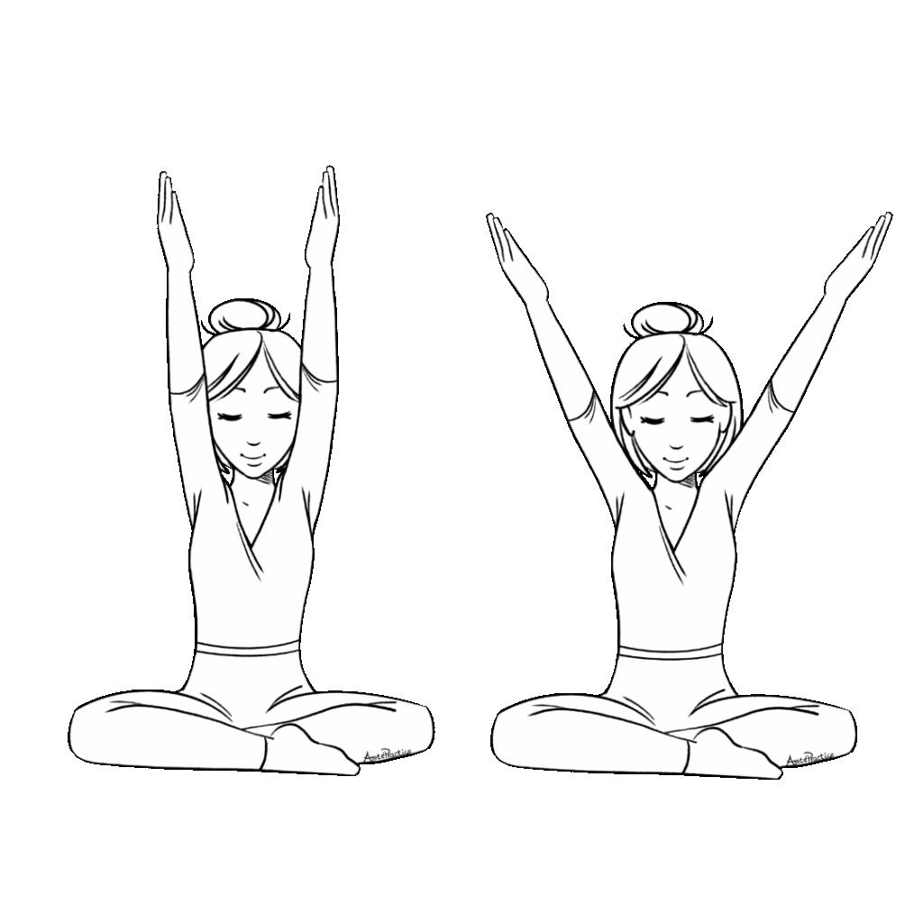 Ilustración de Helen sentada en postura fácil, haciendo elevaciones de brazos con el ejercicio Jaap Sahib