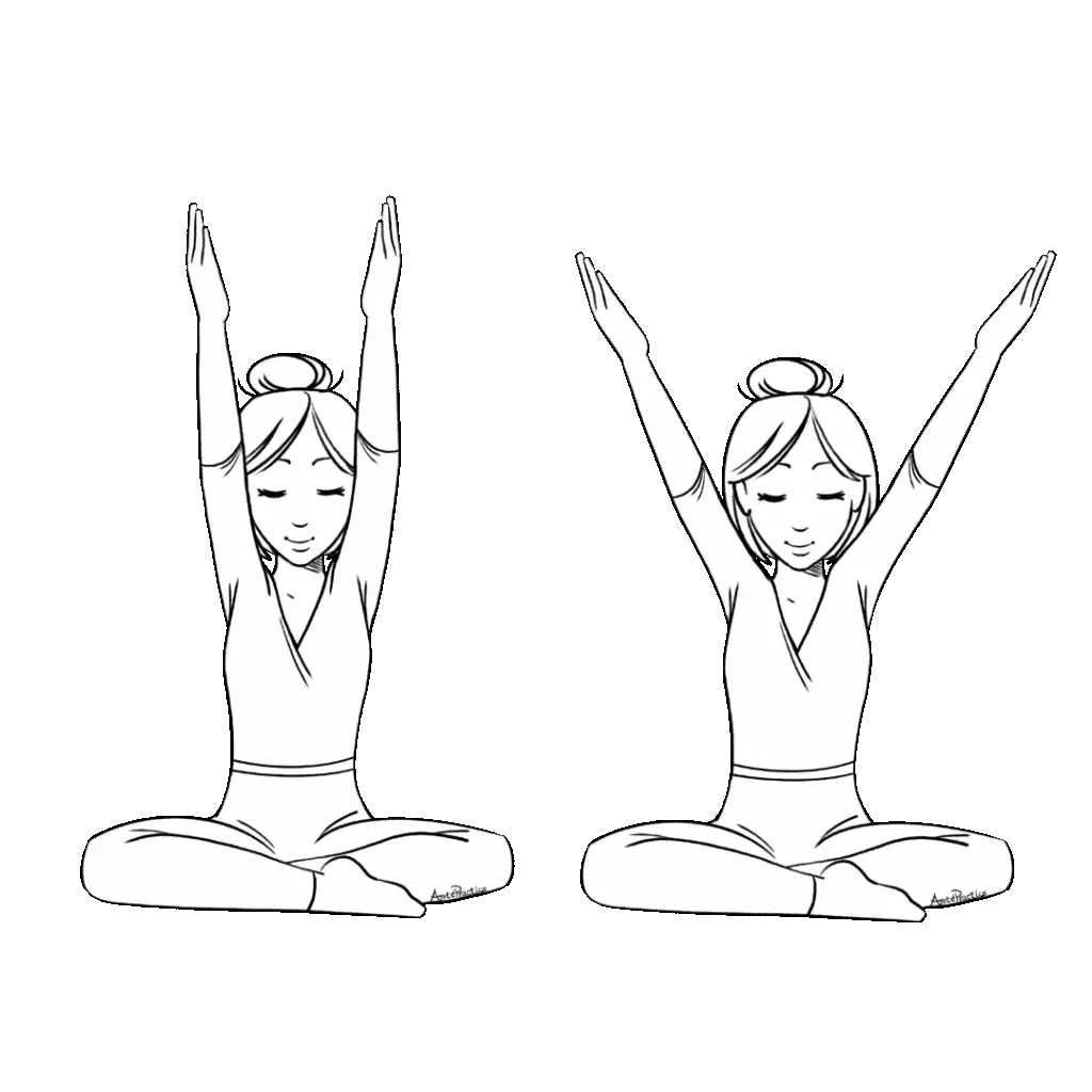 Illustration of Helen sitting in easy pose, doing arm raises with Jaap Sahib exercise