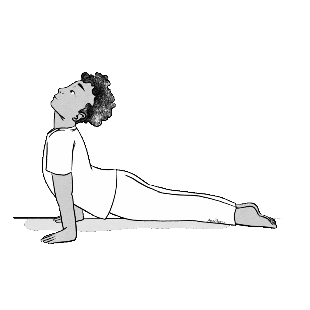 Illustration of Jerry laying down, doing the Urdhva Mukha Svanasana (Upward-Facing Dog) pose.