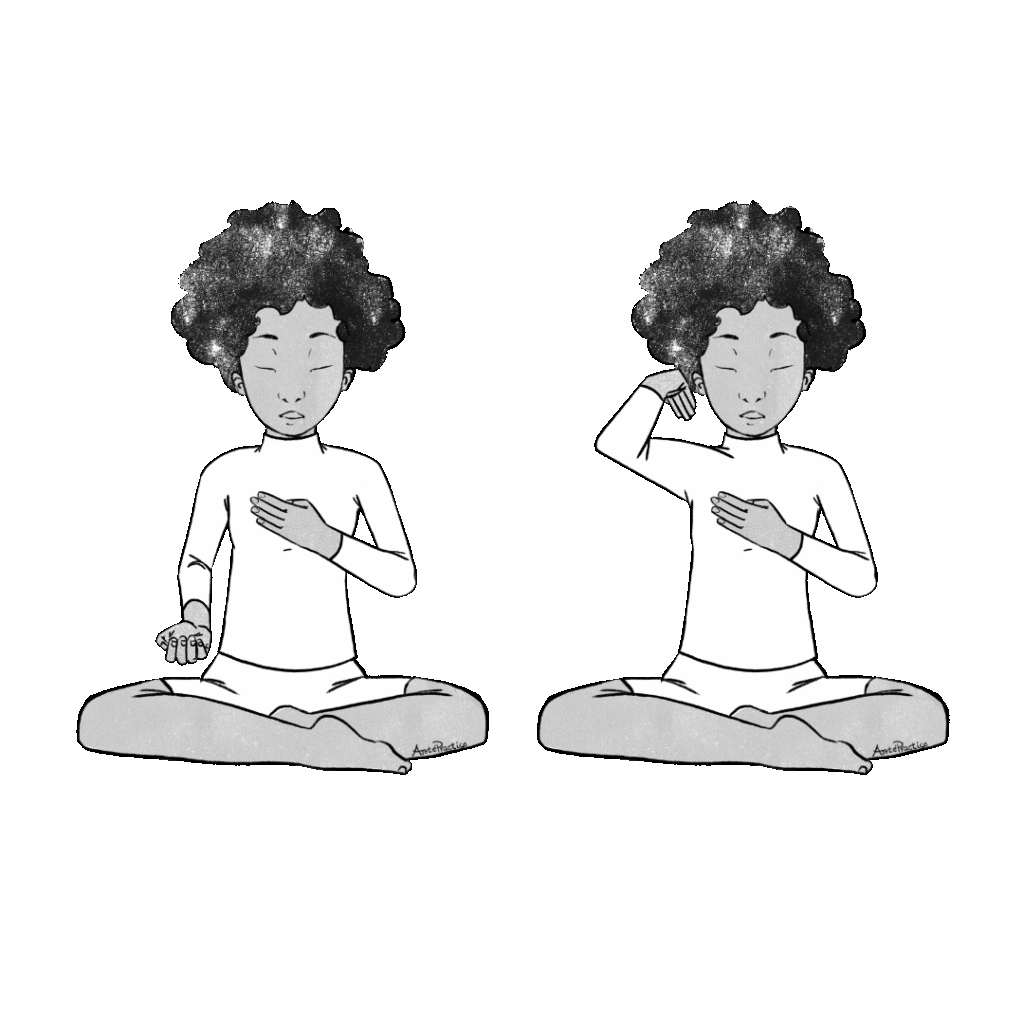 Ilustração de Elaine sentada em pose fácil fazendo o exercício Pittra Kriya