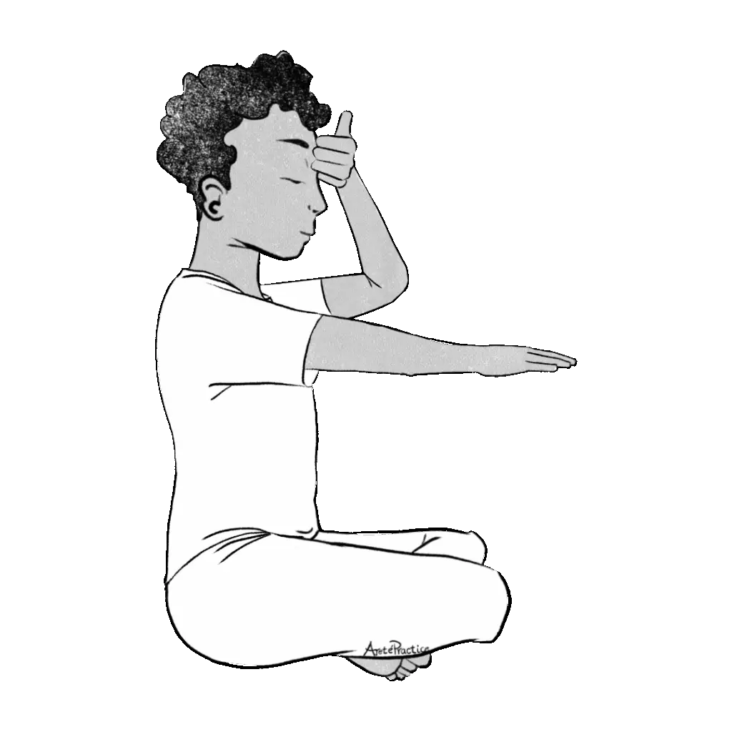Illustration of Jerry sitting in easy pose with right hand extended parallel to the ground and left hand touching forehead