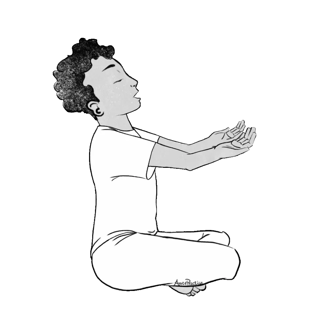 Illustration of Jerry sitting in easy pose with hands extended out and palms facing up, mouth open