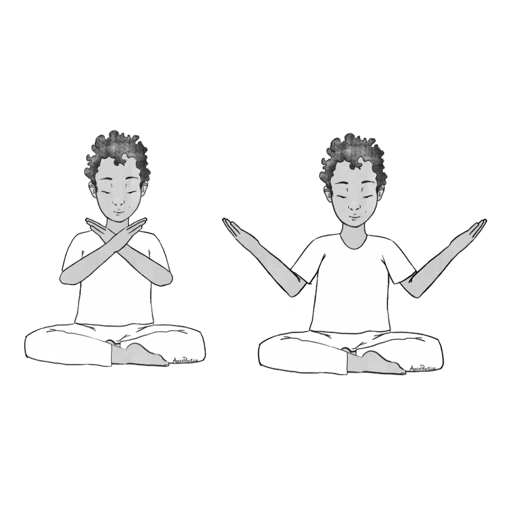 Illustration of Jerry sitting in easy pose. Palms to the side facing up, and arms crossing over heart