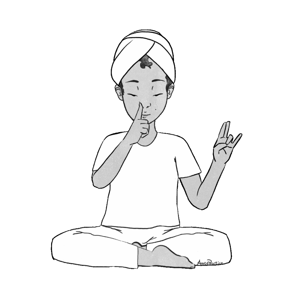 Illustration of Jerry sitting in easy pose covering right nostril and left hand in Surya mudra. Practice JR - SI - 16 of Jerry with head covering.