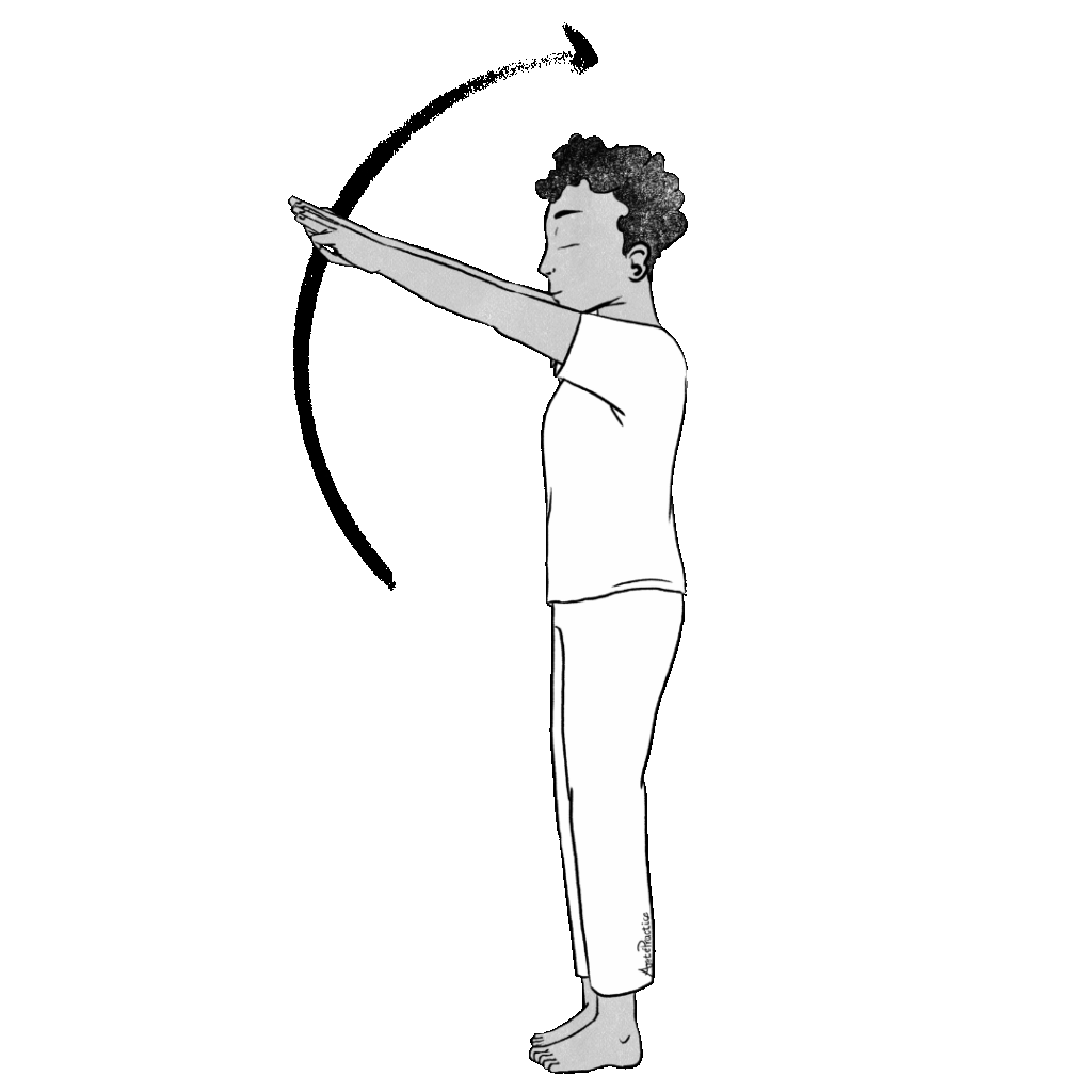 Illustration of Jerry standing and swinging arms forward with buddhi mudra