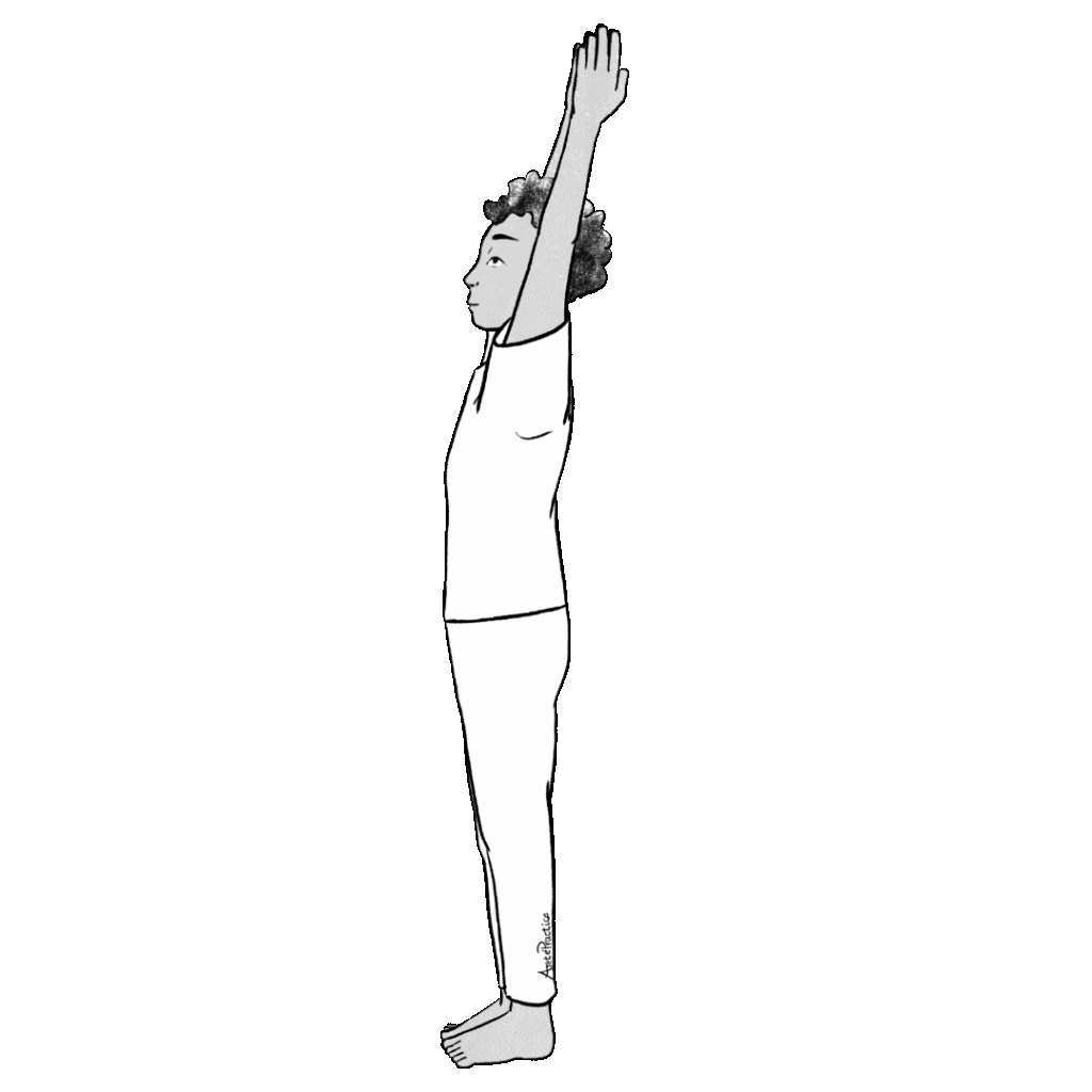 Ilustración de Jerry en Tadasana con los brazos sobre la cabeza y los ojos abiertos.