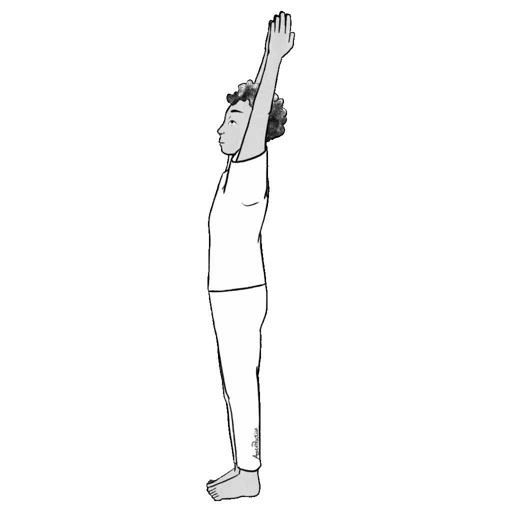 Illustration of Jerry in Tadasana with arms overhead and eyes open.