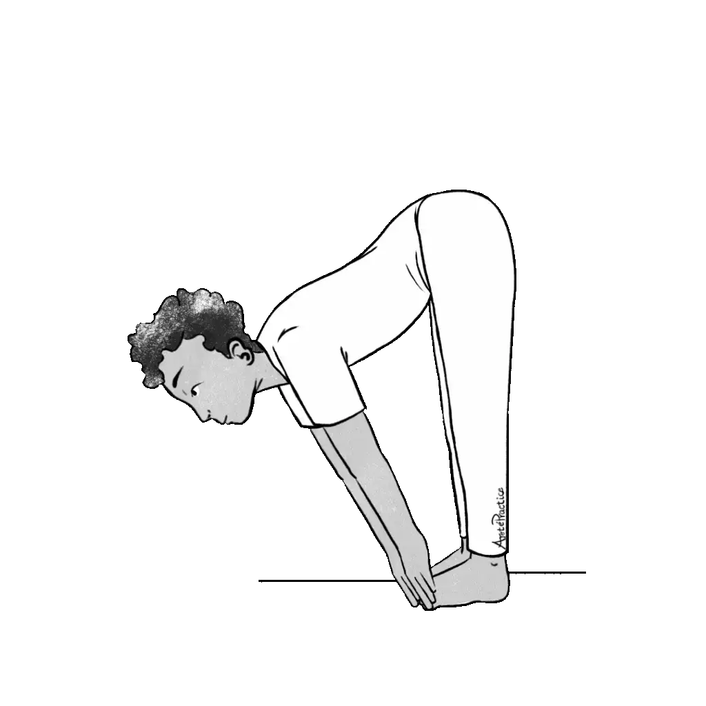 Illustration of Jerry standing and bending forward touching feet with eyes open.