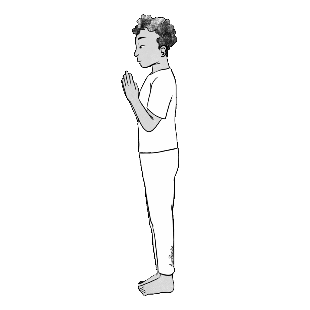 Ilustración de Jerry de pie haciendo Tadasana con postura de oración y los ojos abiertos