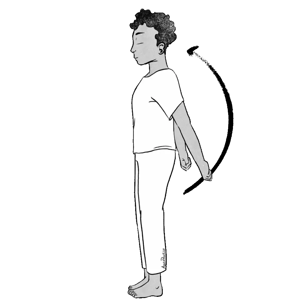 Illustration of Jerry standing and swinging arms backwards with thumbs in fists.