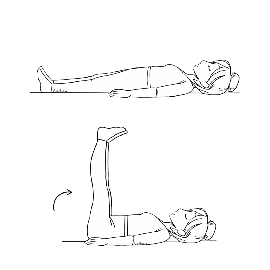 Ilustração de Helen deitada com os pés flexionados, ambas as pernas a 90 graus da boca em “O”