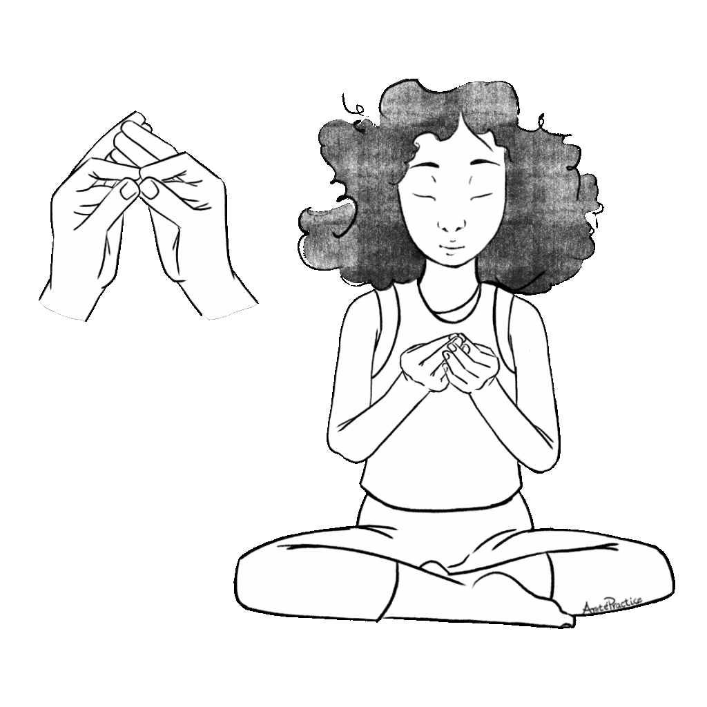 Ilustração de Susan sentada em pose fácil fazendo o mudra “Invoque Seus Poderes Interiores”