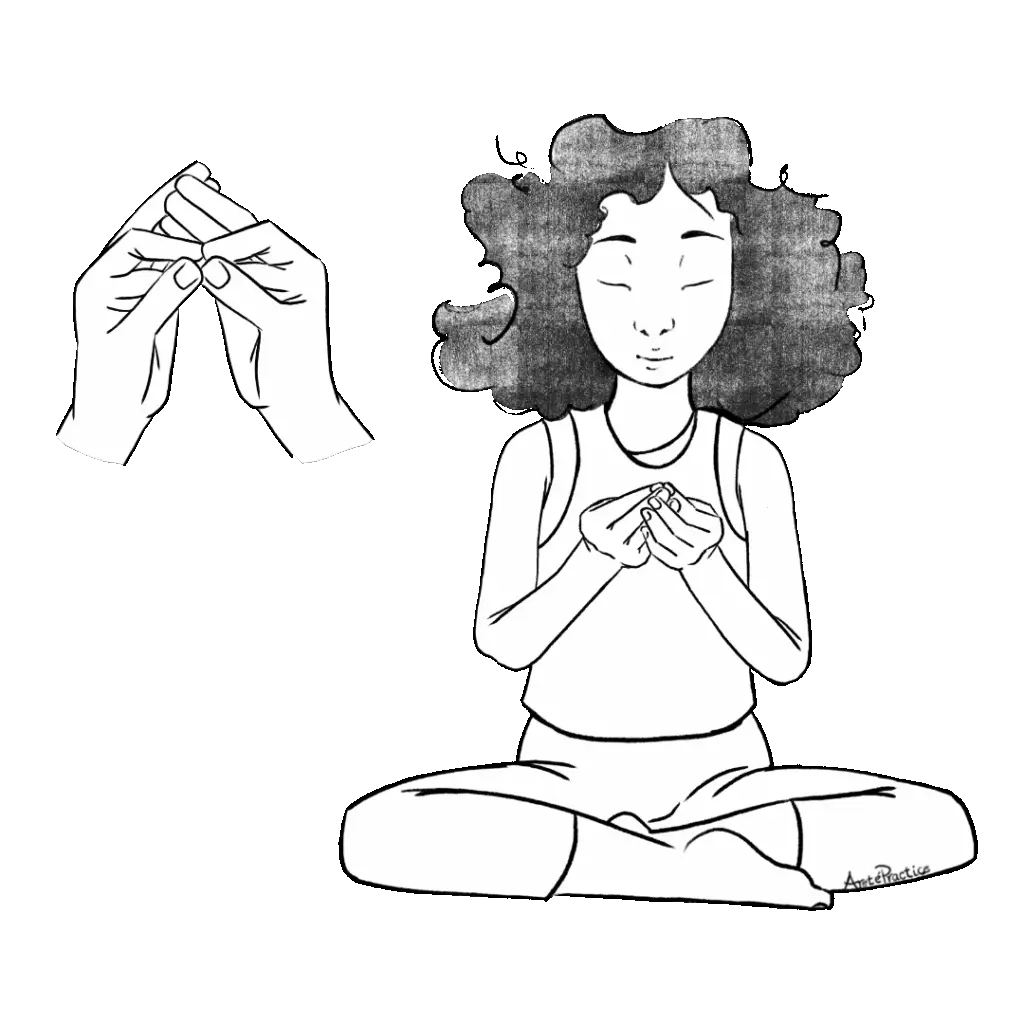 Illustration of Susan sitting in easy pose doing the Call on Your Inner Powers mudra