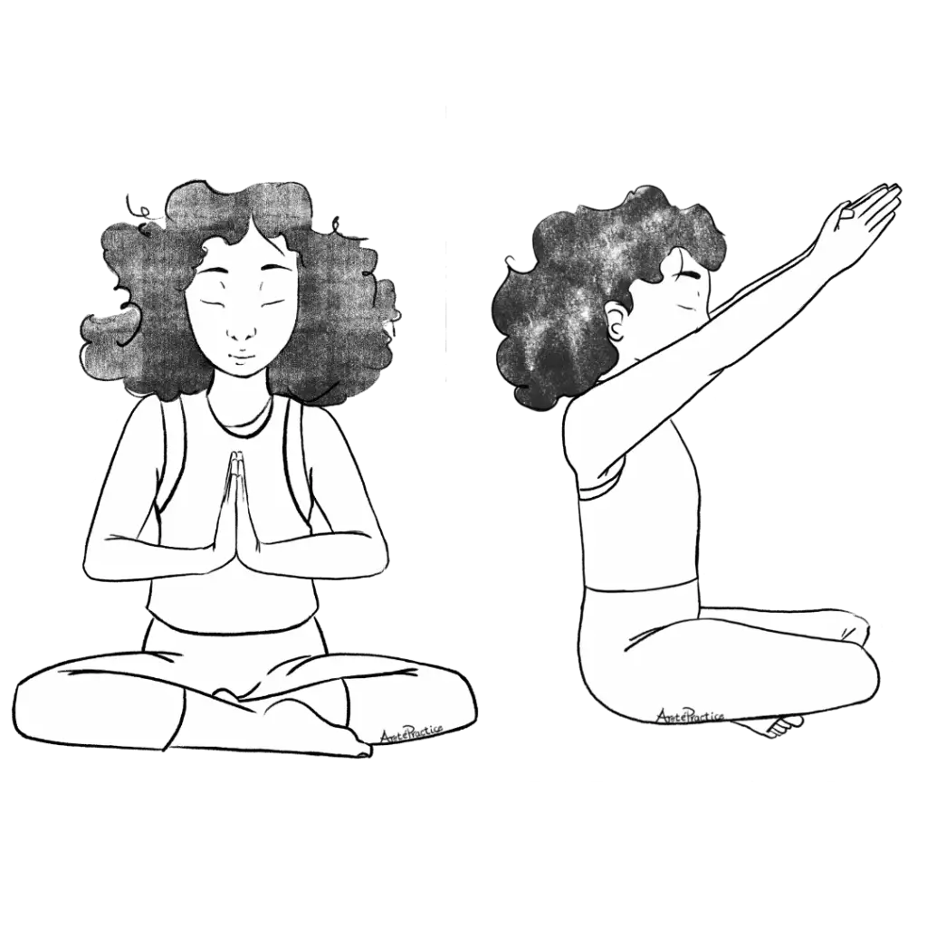 Illustration of Susan sitting in easy pose doing the projection of the heart movement