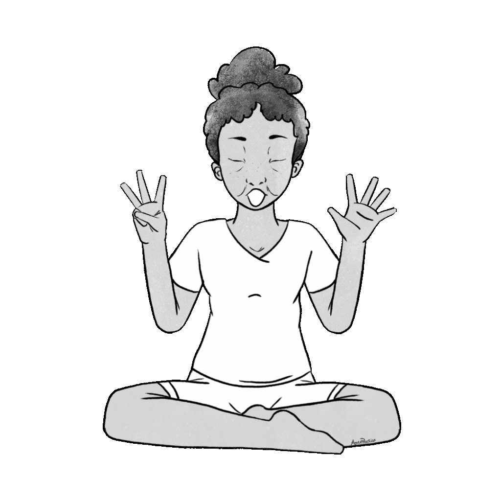 Ilustración de Estelle sentada en pose fácil con los brazos abiertos a los lados y montada en "O".