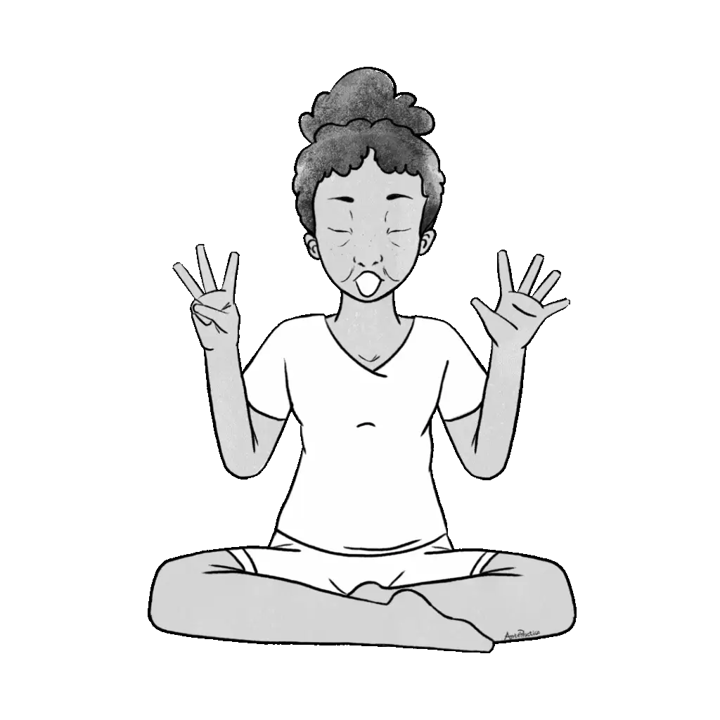 Illustration of Estelle sitting in easy pose with hands wide to the side and mount in "O"