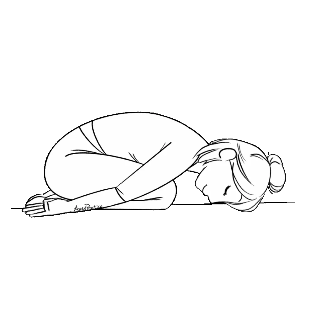 Illustration of Helen doing baby pose with hands to the side.