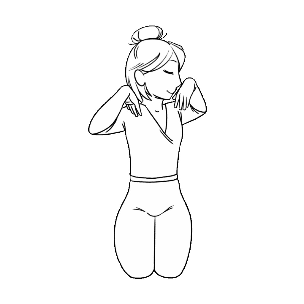 Ilustração de Helen sentada na postura da rocha e fazendo torção da coluna.