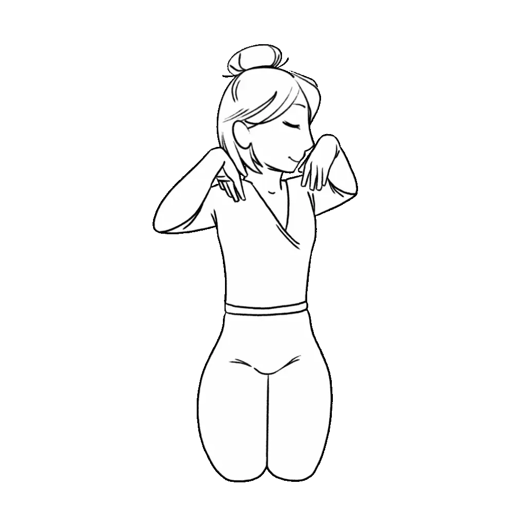 Illustration of Helen sitting in rock pose and doing spinal twist.