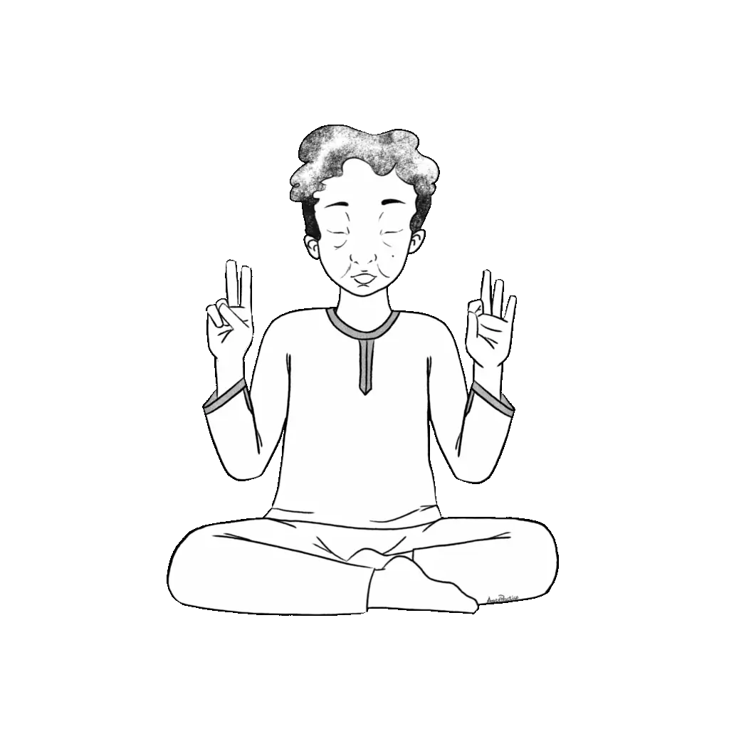Illustration of Kramer sitting in easy pose in Peace mudra and Gyan mudra