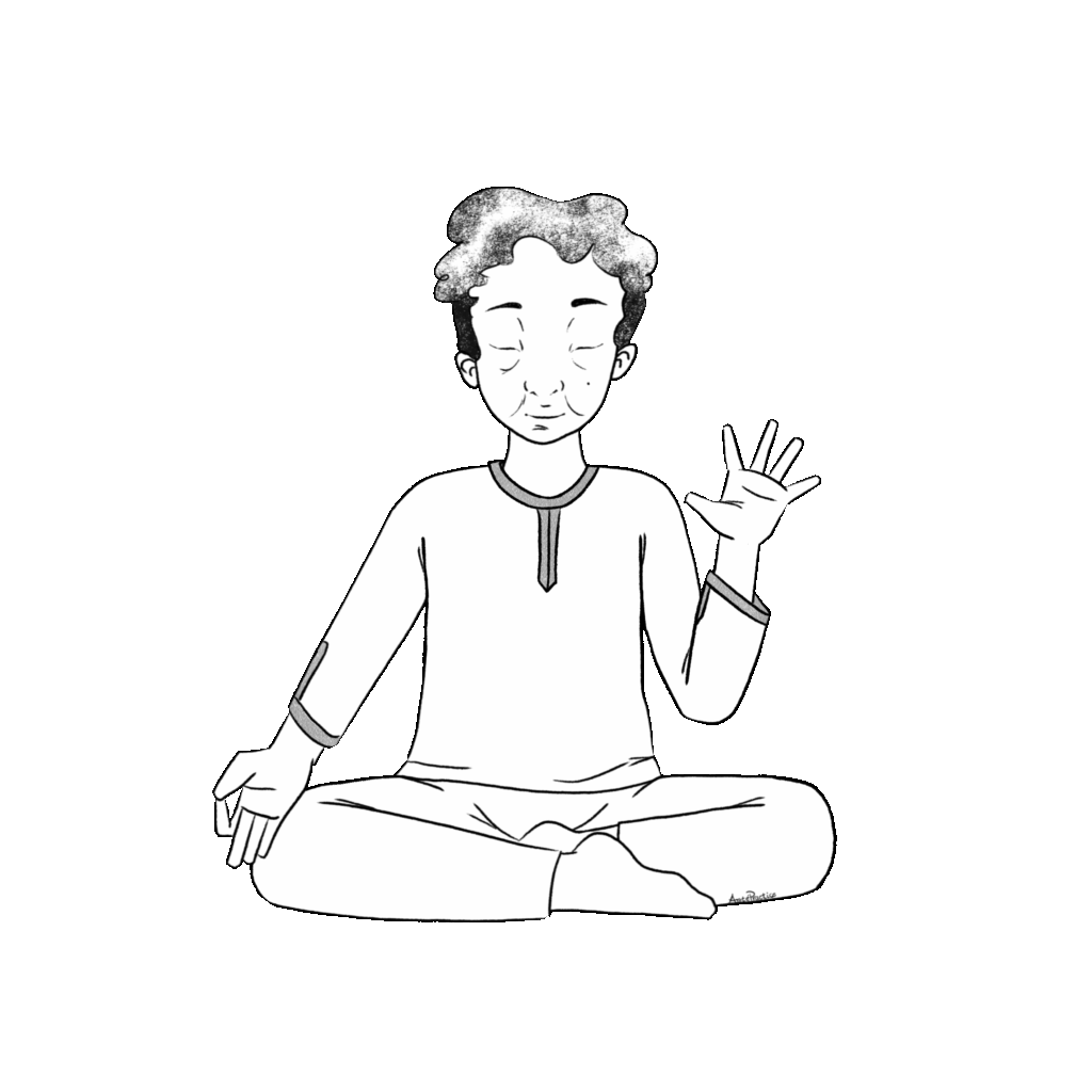 Ilustración de Kramer sentado en postura fácil con una mano en gyan mudra y los dedos de la otra mano bien separados.
