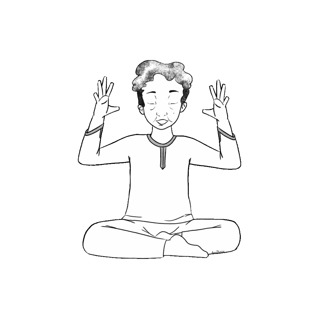 Ilustración de Kramer sentado en pose fácil con los dedos de ambas manos bien separados.