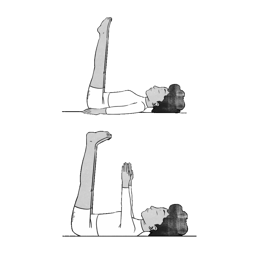 Ilustración de Elaine acostada boca arriba con las piernas y los brazos en un ángulo de 90 grados. Círculos con las piernas y los brazos.