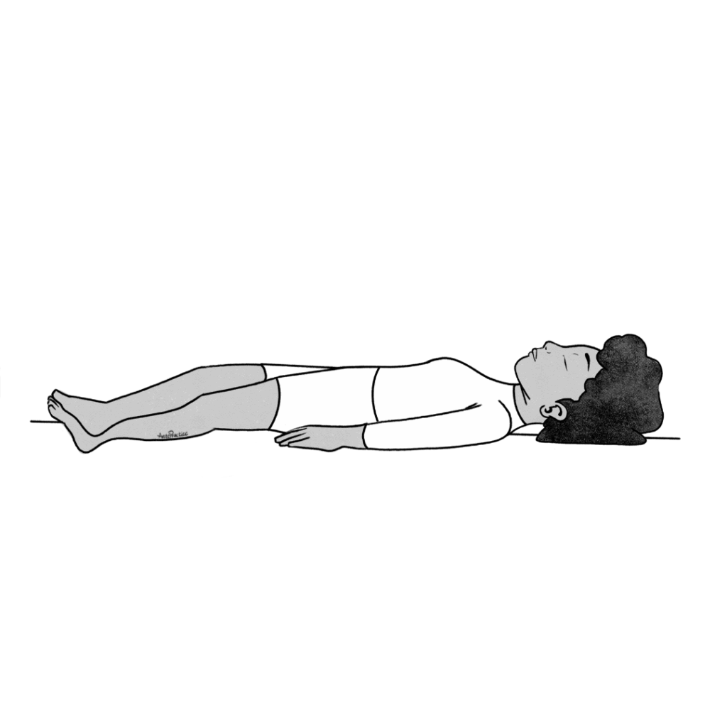 Illustration of Elaine laying down in Savasana with legs crossed pose