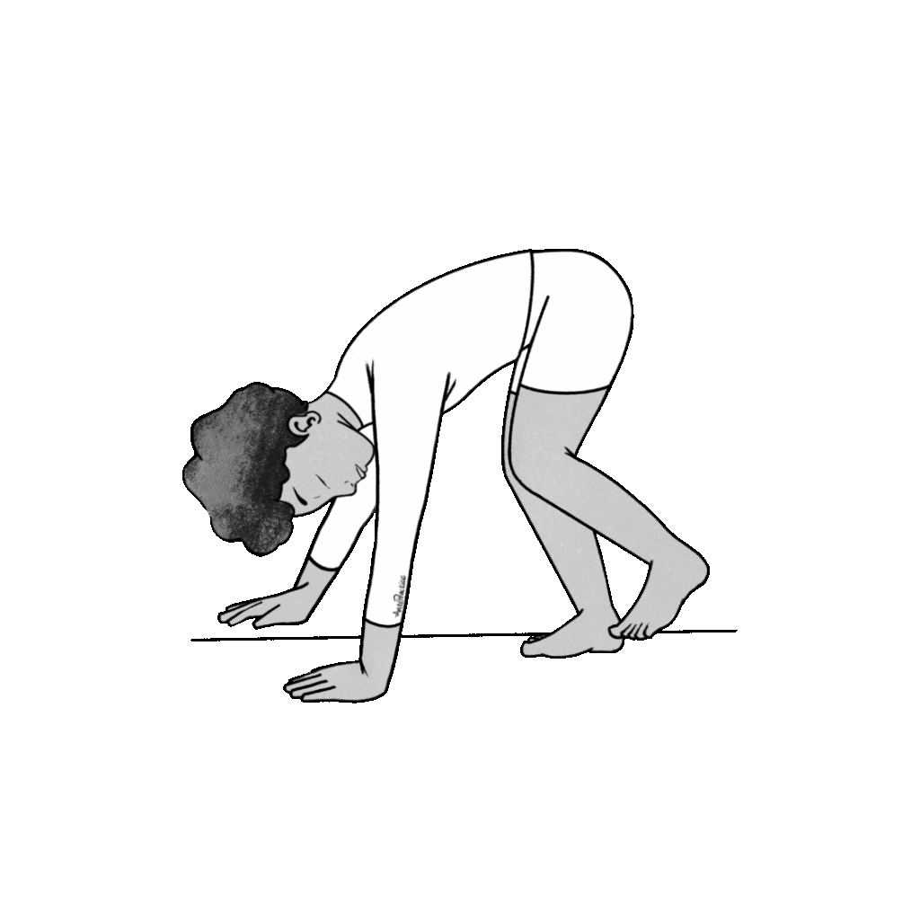 Ilustración de Elaine caminando sobre manos y rodillas.