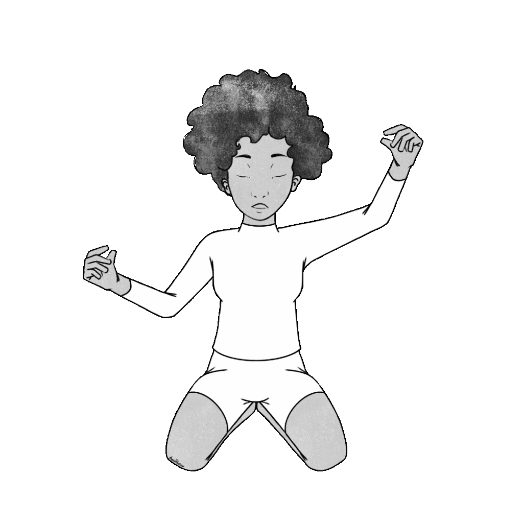 Illustration of Elaine sitting in Rock pose with dancing hands