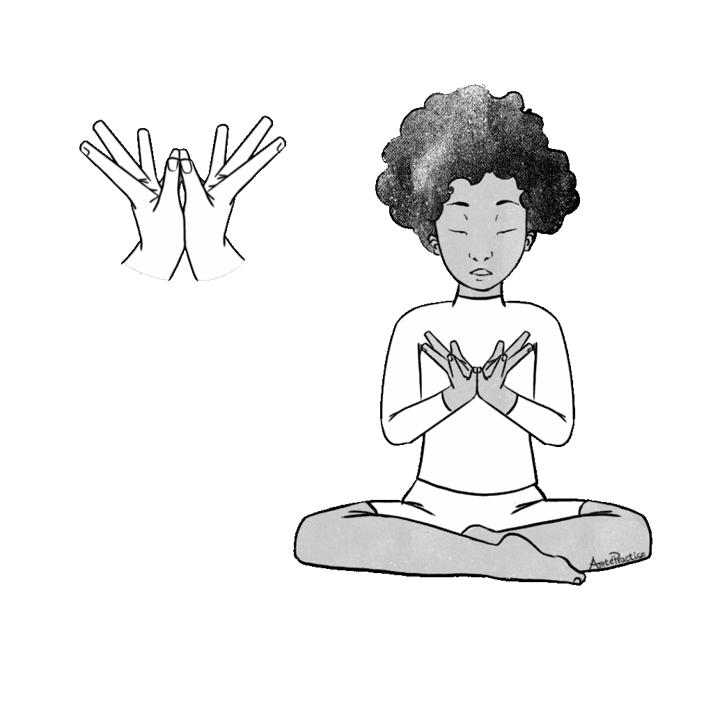Ilustración de Elaine sentada en postura fácil en el mudra del loto en el centro del corazón.