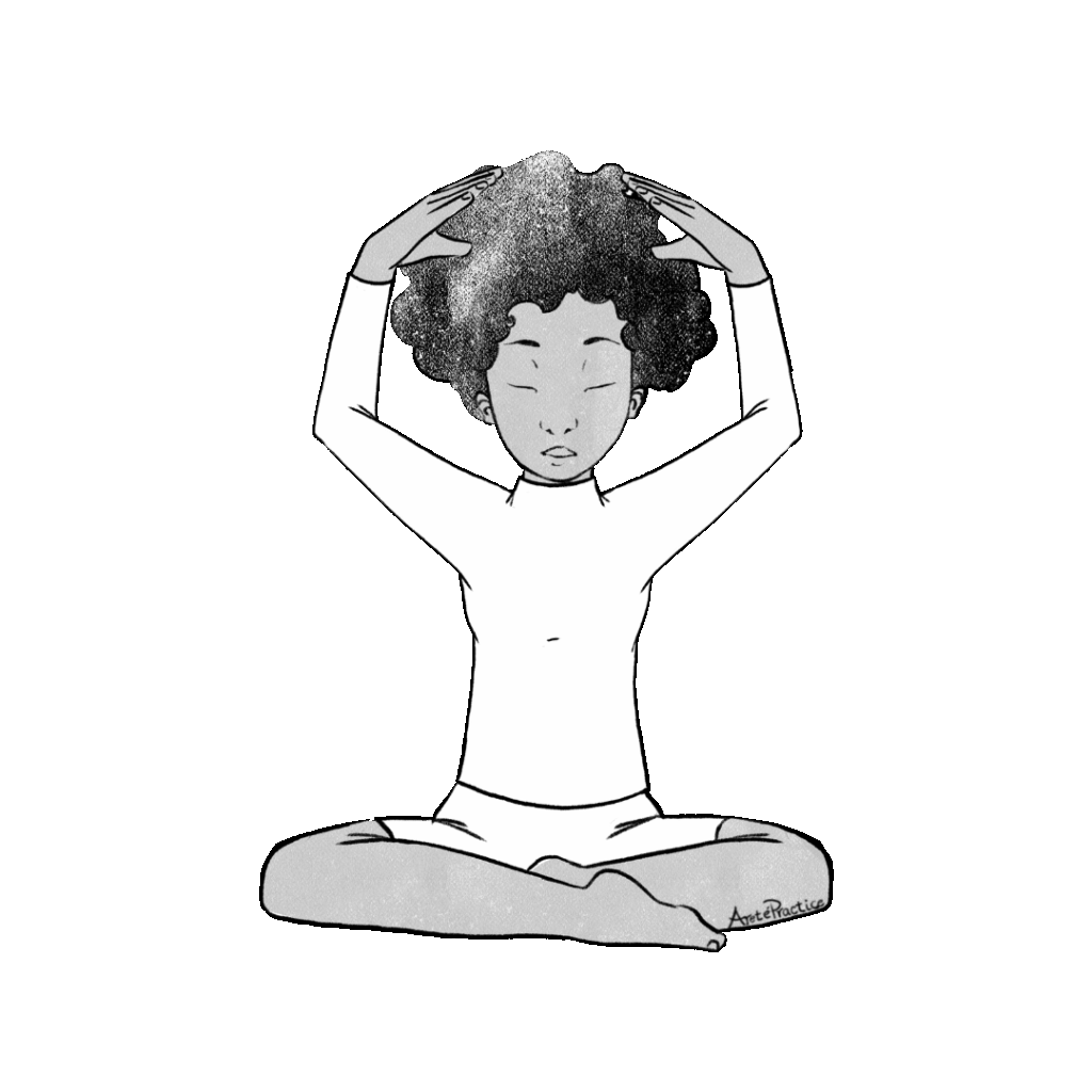 Ilustración de Elaine sentada en pose fácil con las manos en un arco sobre su cabeza, las manos separadas.