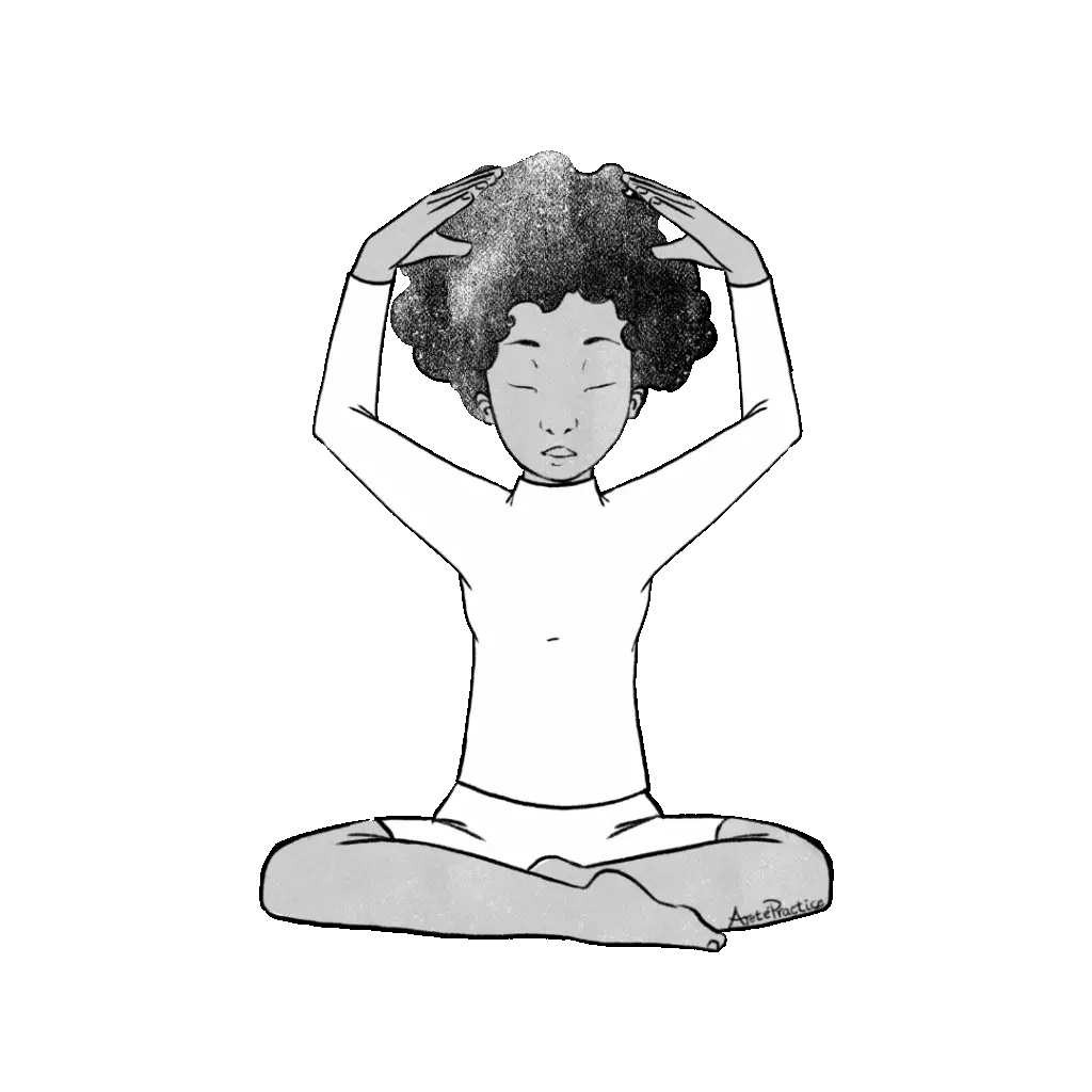 Illustration of Elaine sitting in easy pose with Hands up in an arc above her head, hands separated