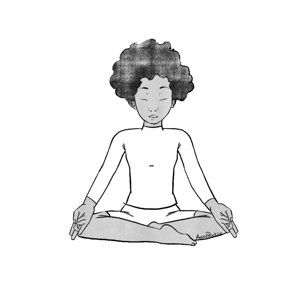 Ilustração de Elaine sentada em pose fácil em surya mudras na altura dos joelhos