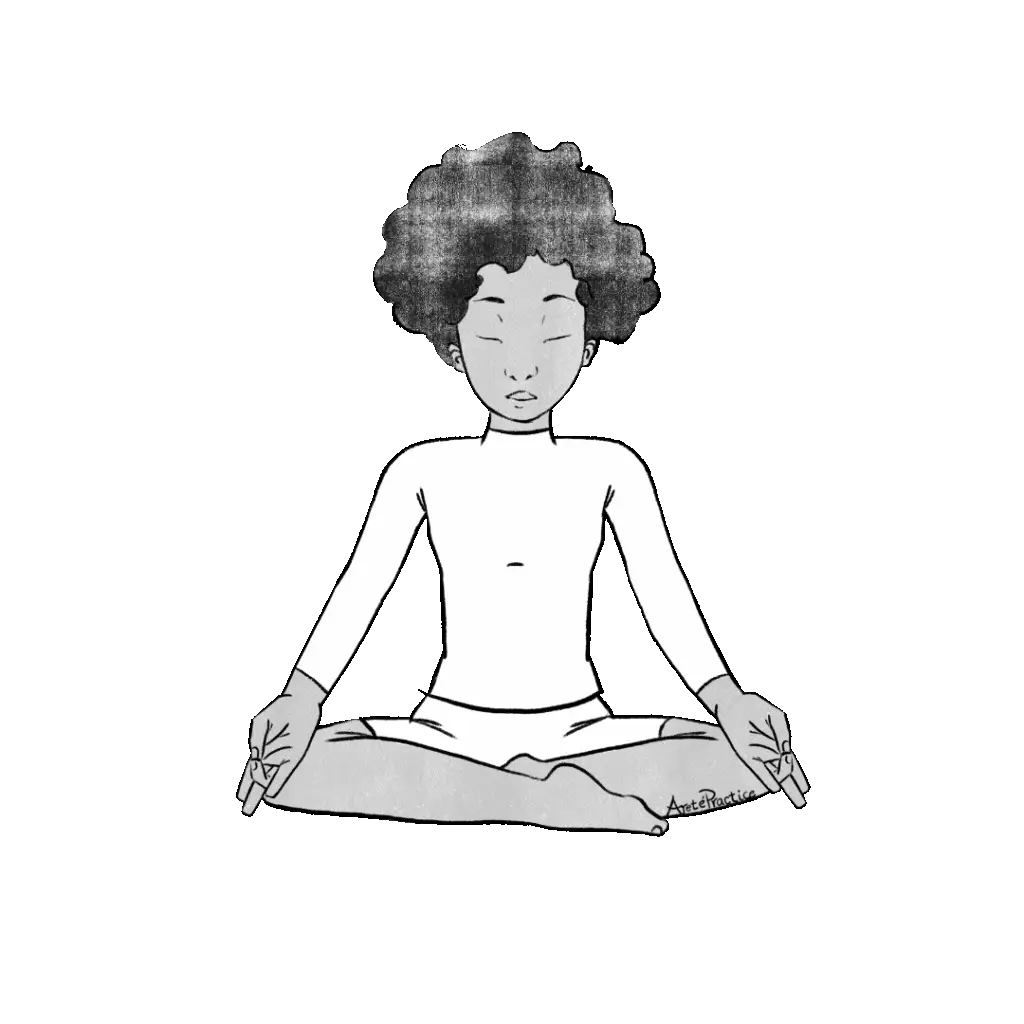 Illustration of Elaine sitting in easy pose in surya mudras at knees