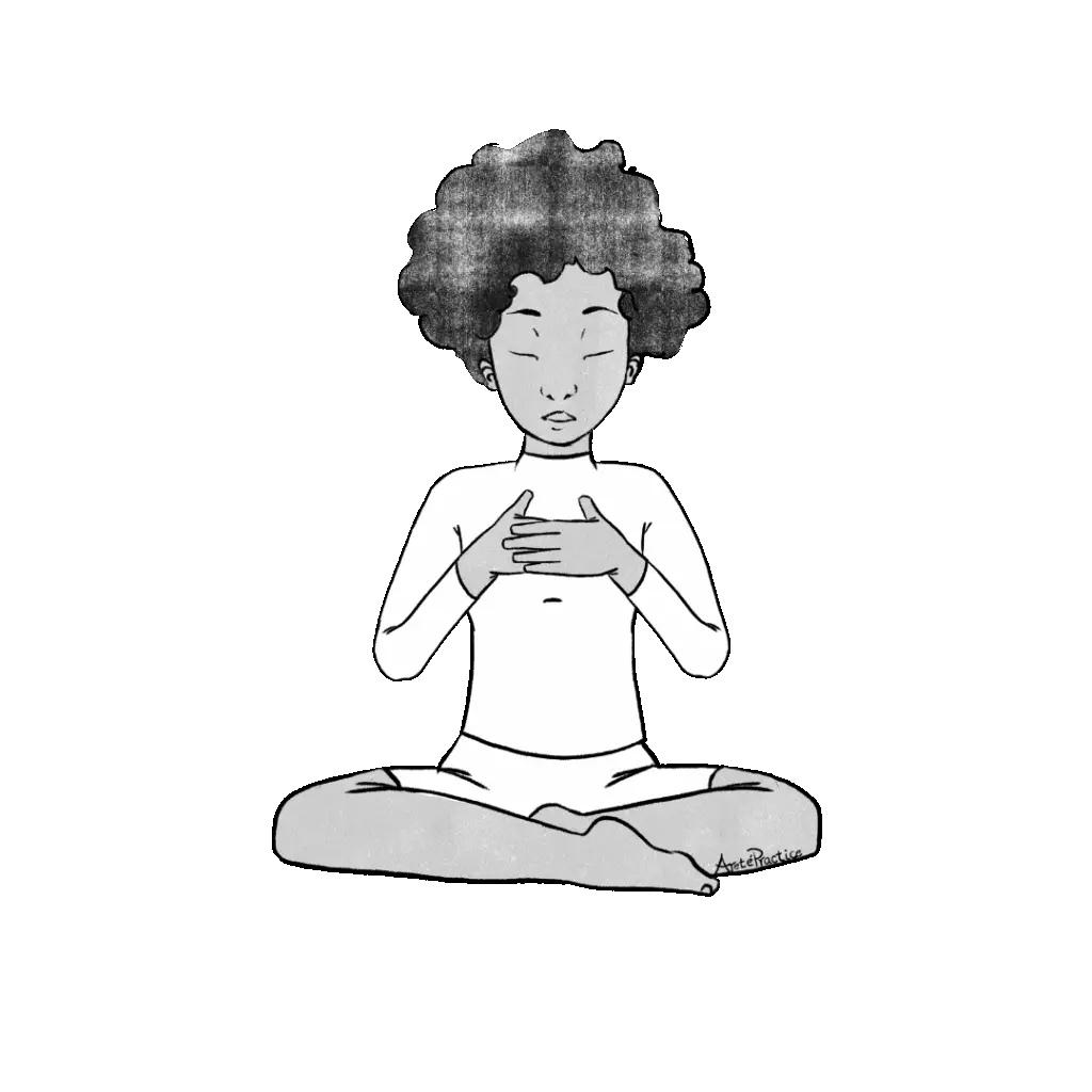 Illustration of Elaine sitting in easy pose with hands over heart center