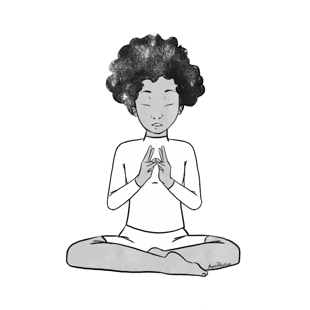 Illustration of Elaine sitting in easy pose with the thumb and pinkie fingertips of both hands together, leaving the index and middle fingers pointing straight up without touching.