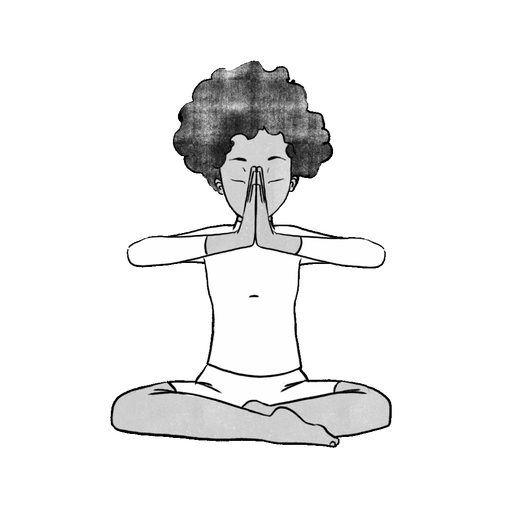 Ilustração de Elaine sentada em pose de oração fácil na altura do terceiro olho