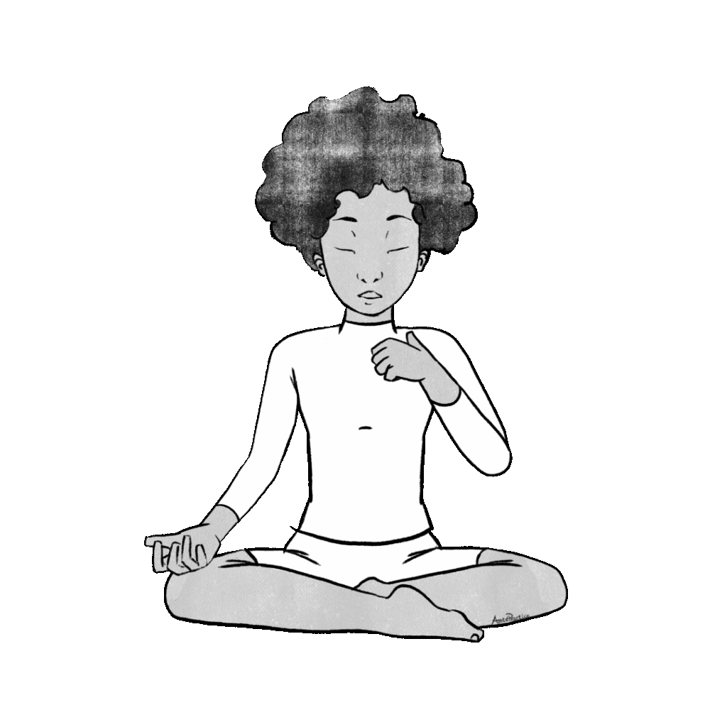 Ilustração de Elaine sentada em pose fácil fazendo o Kriya de Realinhamento - Exercício 1 com os olhos fechados.