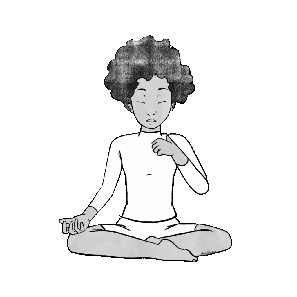 Illustration of Elaine sitting in easy pose doing the Realignment Kriya - Exercise 1 with eyes closed.
